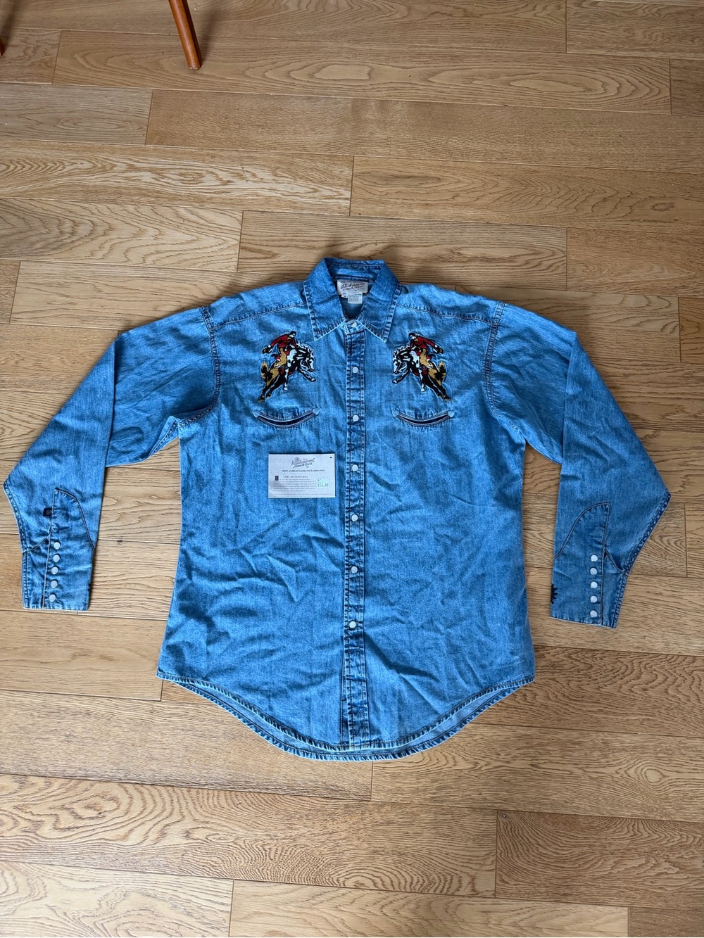 Rockmount Ranch Wear Denim Jeans Western Embroidered Shirt Cowboy Pearl Snap M